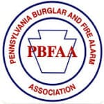 A red and blue logo for the pennsylvania burglar and fire alarm association.