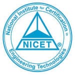 A blue and white logo for the national institute of certification in engineering technologies.